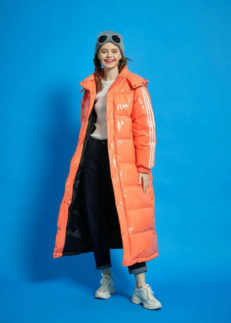 Orange Hooded Goose Down Puffer Long Coat