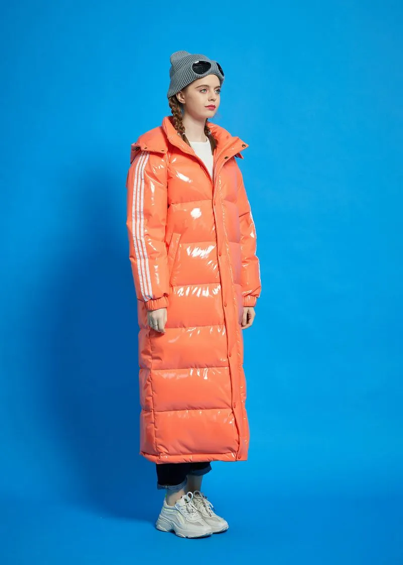 Orange Hooded Goose Down Puffer Long Coat