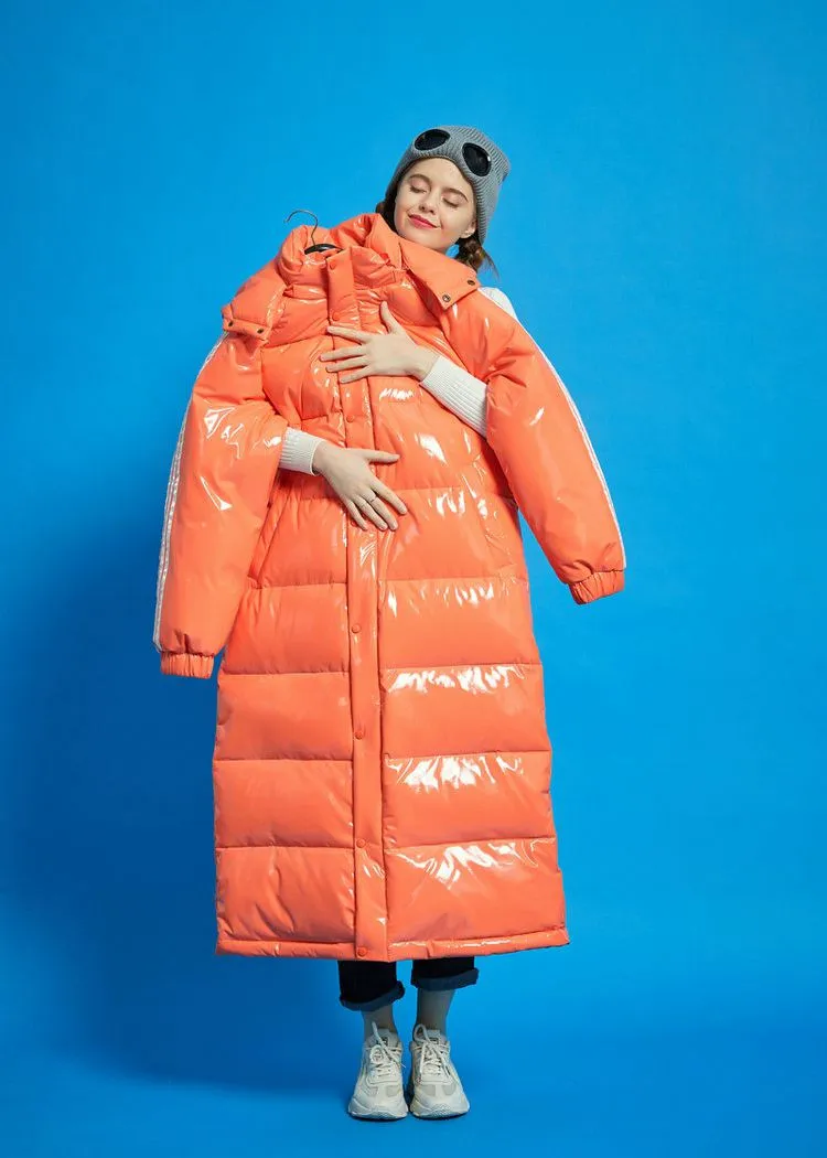 Orange Hooded Goose Down Puffer Long Coat