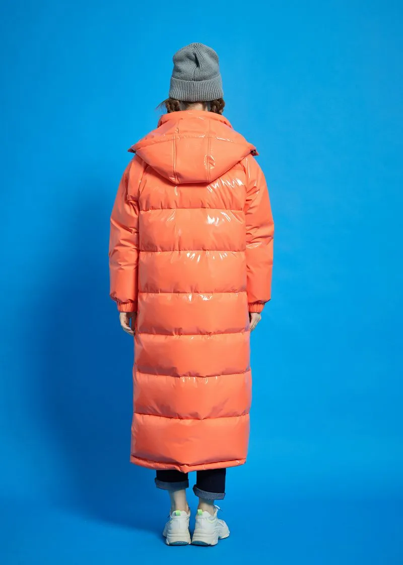 Orange Hooded Goose Down Puffer Long Coat