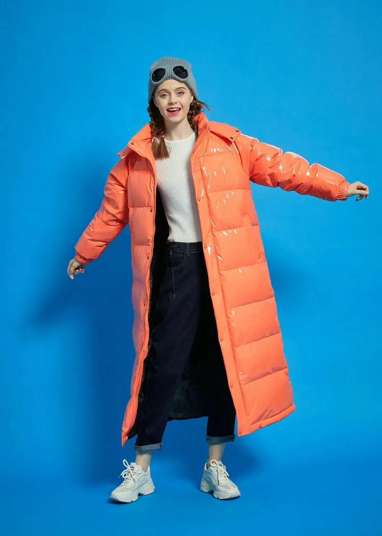 Orange Hooded Goose Down Puffer Long Coat