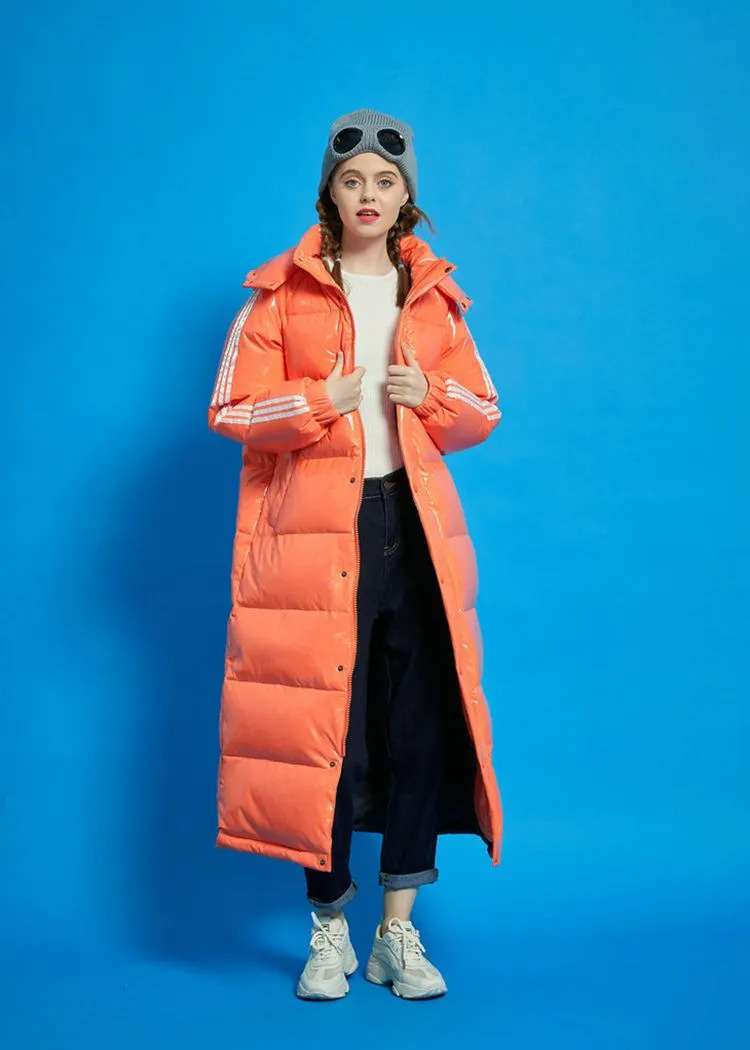 Orange Hooded Goose Down Puffer Long Coat