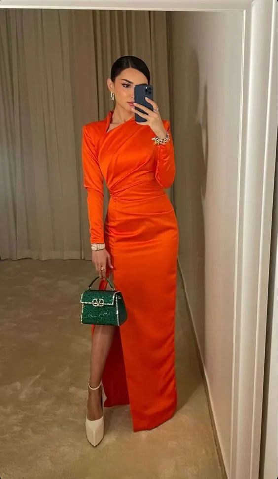 Orange satin evening dress for women long sleeve vintage dress      fg5904