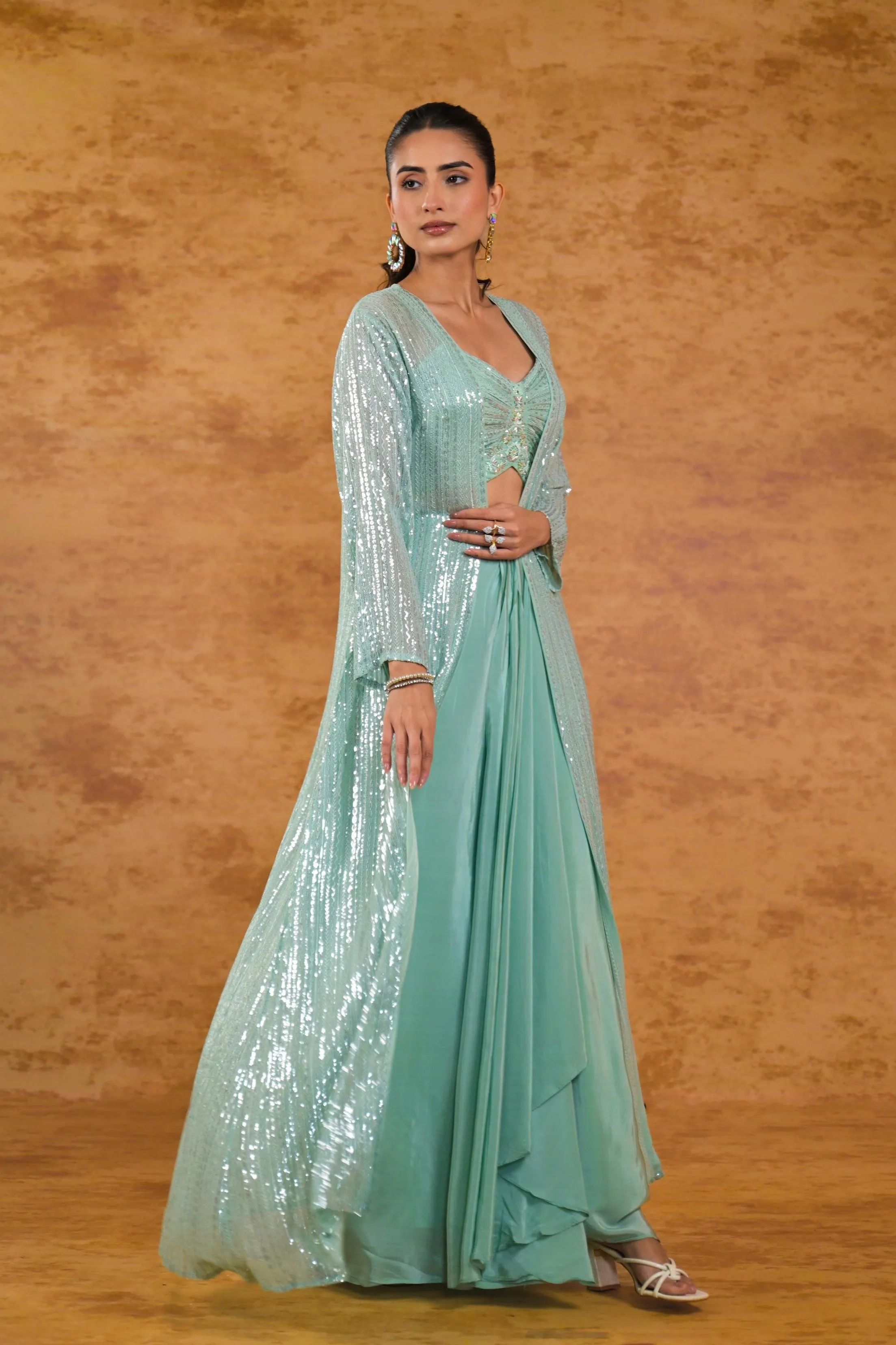 Pale Teal Embellished Georgette Silk Shrug Set