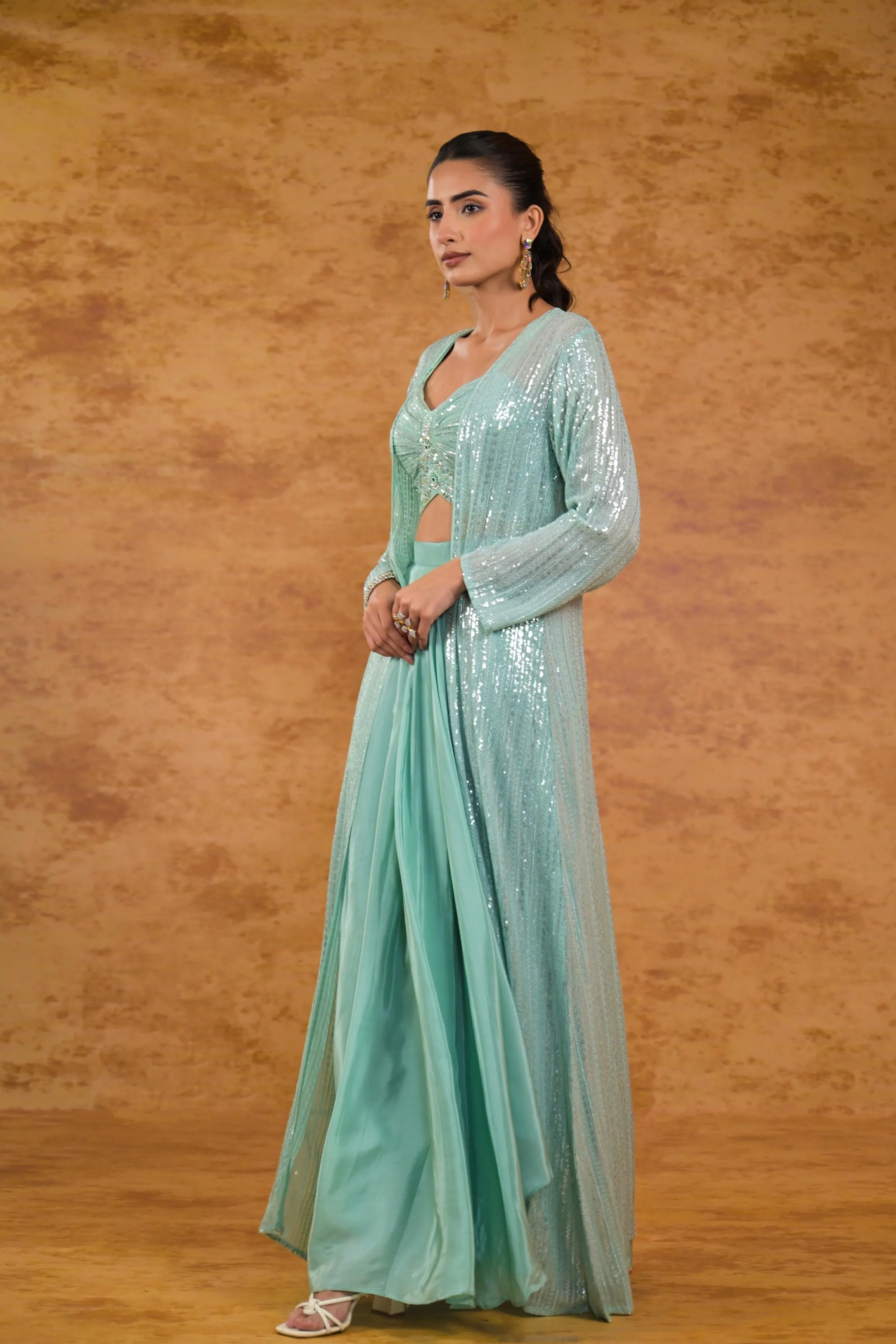 Pale Teal Embellished Georgette Silk Shrug Set