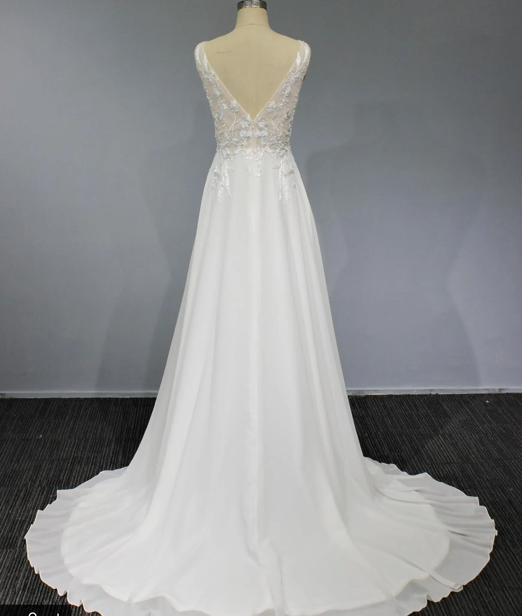 Pearl Beaded Lace Chiffon A Line Wedding Dress