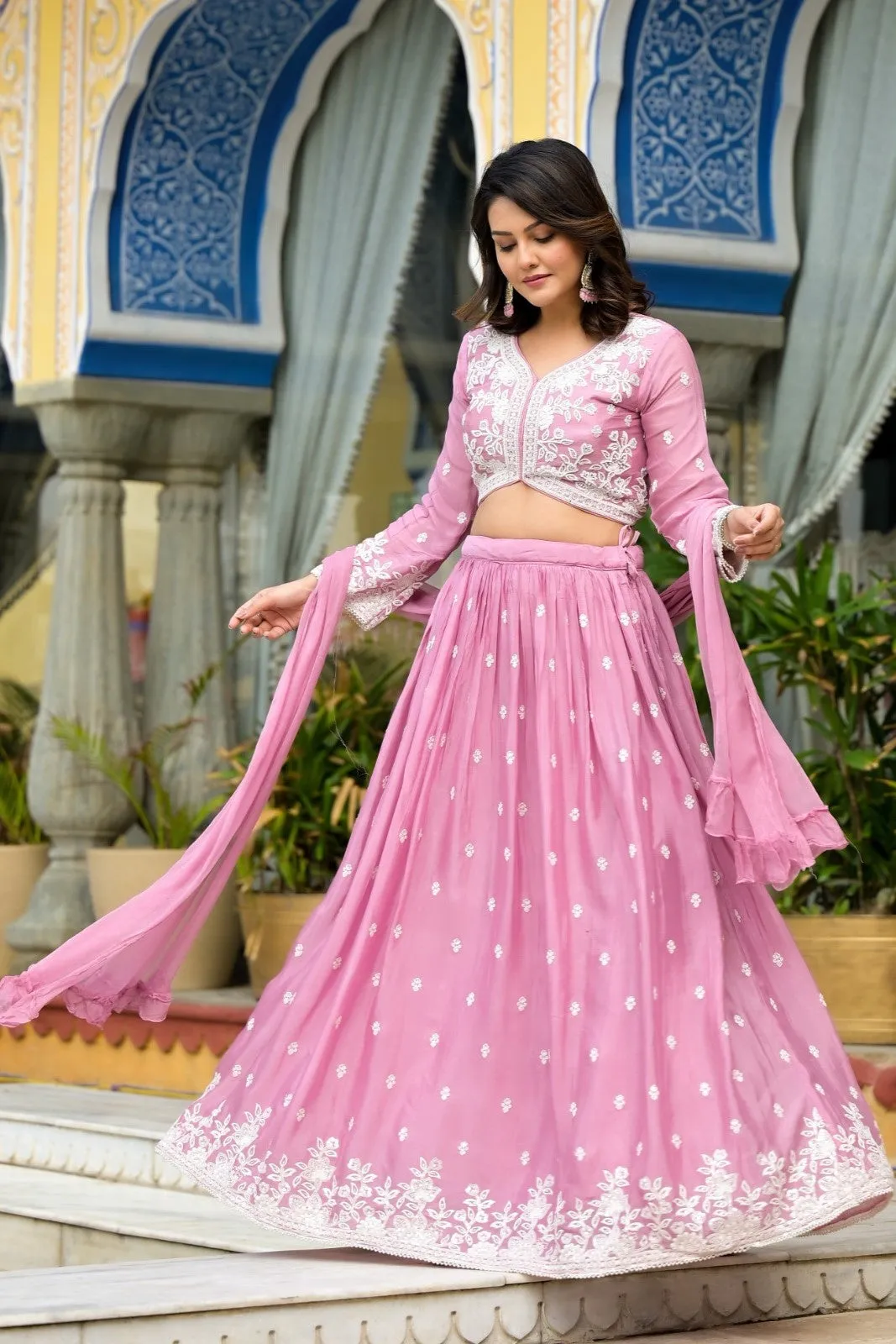 Pink Embroidered Tissue Organza Silk Skirt Set