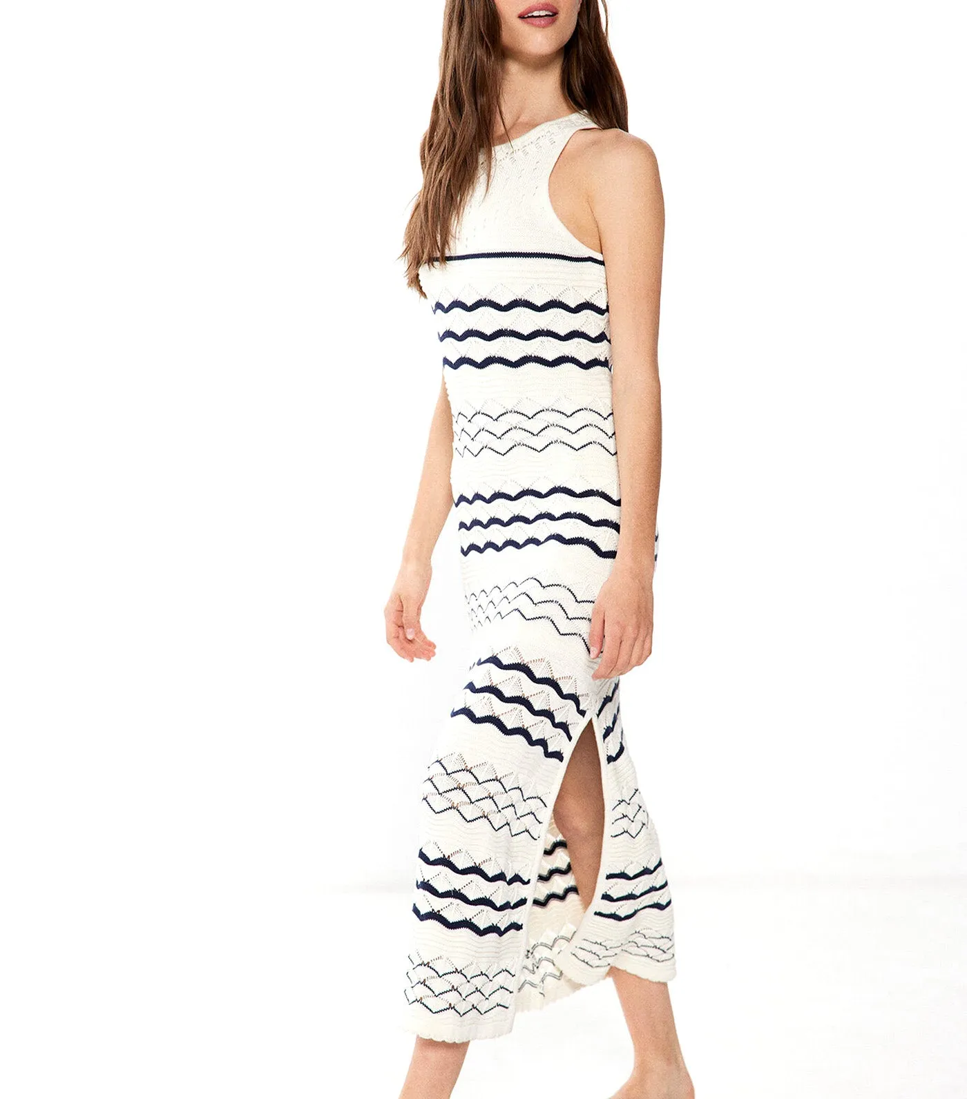 Pointelle Knit Midi Dress White