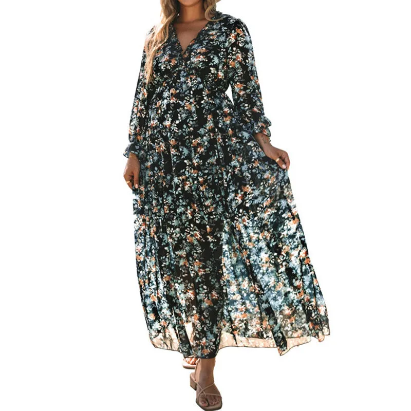 Printed Long Sleeve Dress Women's V-neck Loose