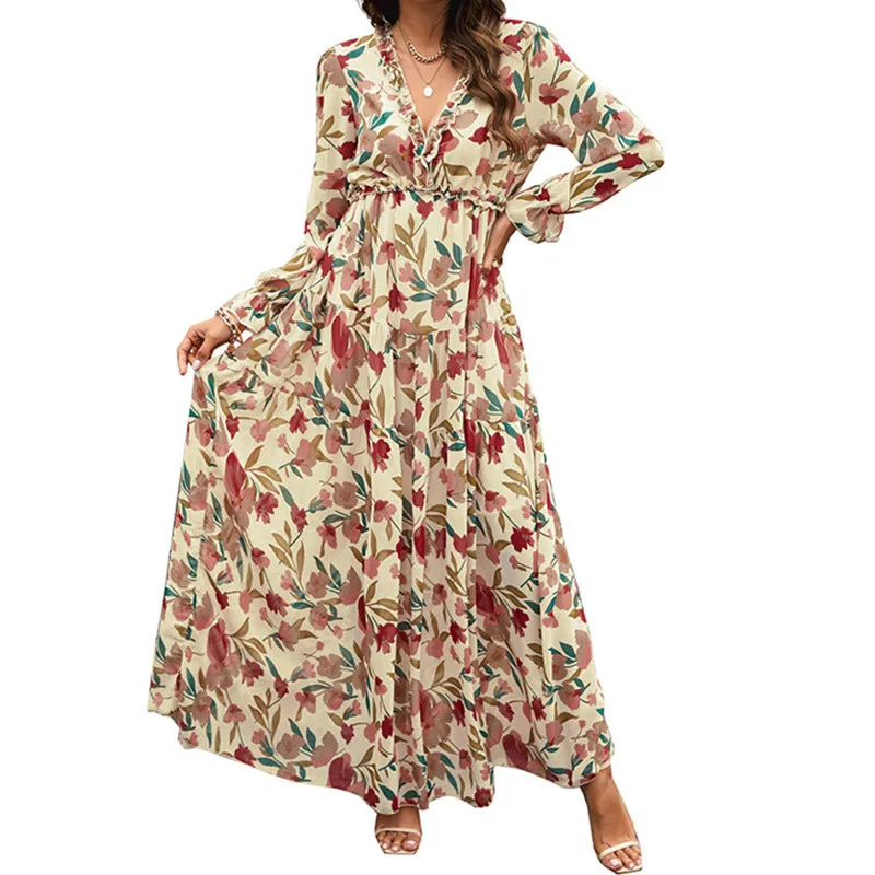 Printed Long Sleeve Dress Women's V-neck Loose