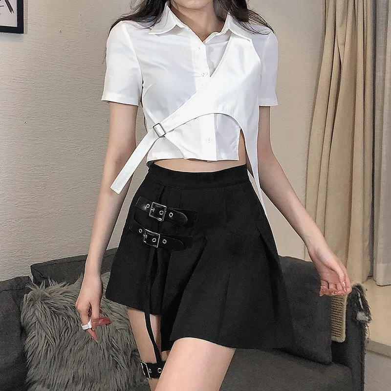 Punk asymmetric leather button pleated skirt   KF82160