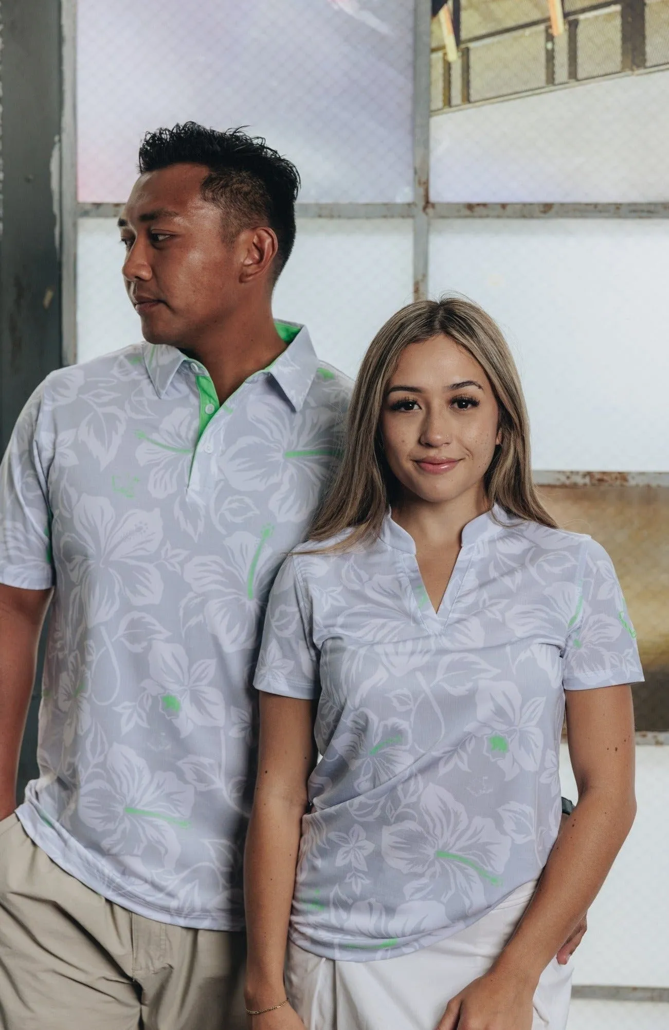 "Silver Mint Bloom" - OGA Women's Polo - Silver / Neon Mint