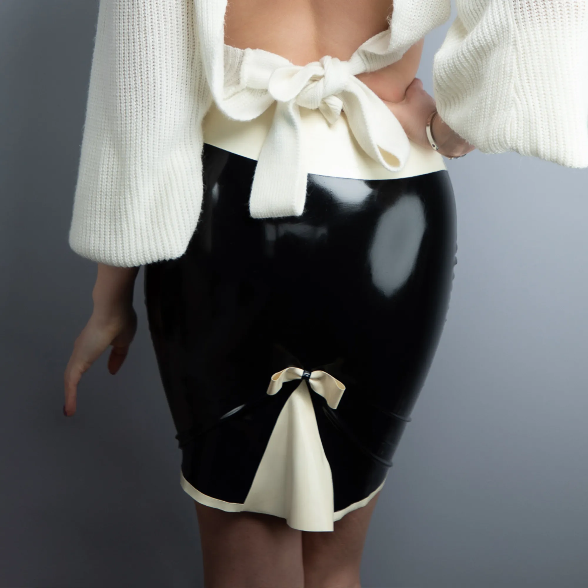 READY TO SHIP SMALL - Purple & White Latex Kick Flare Pencil Skirt