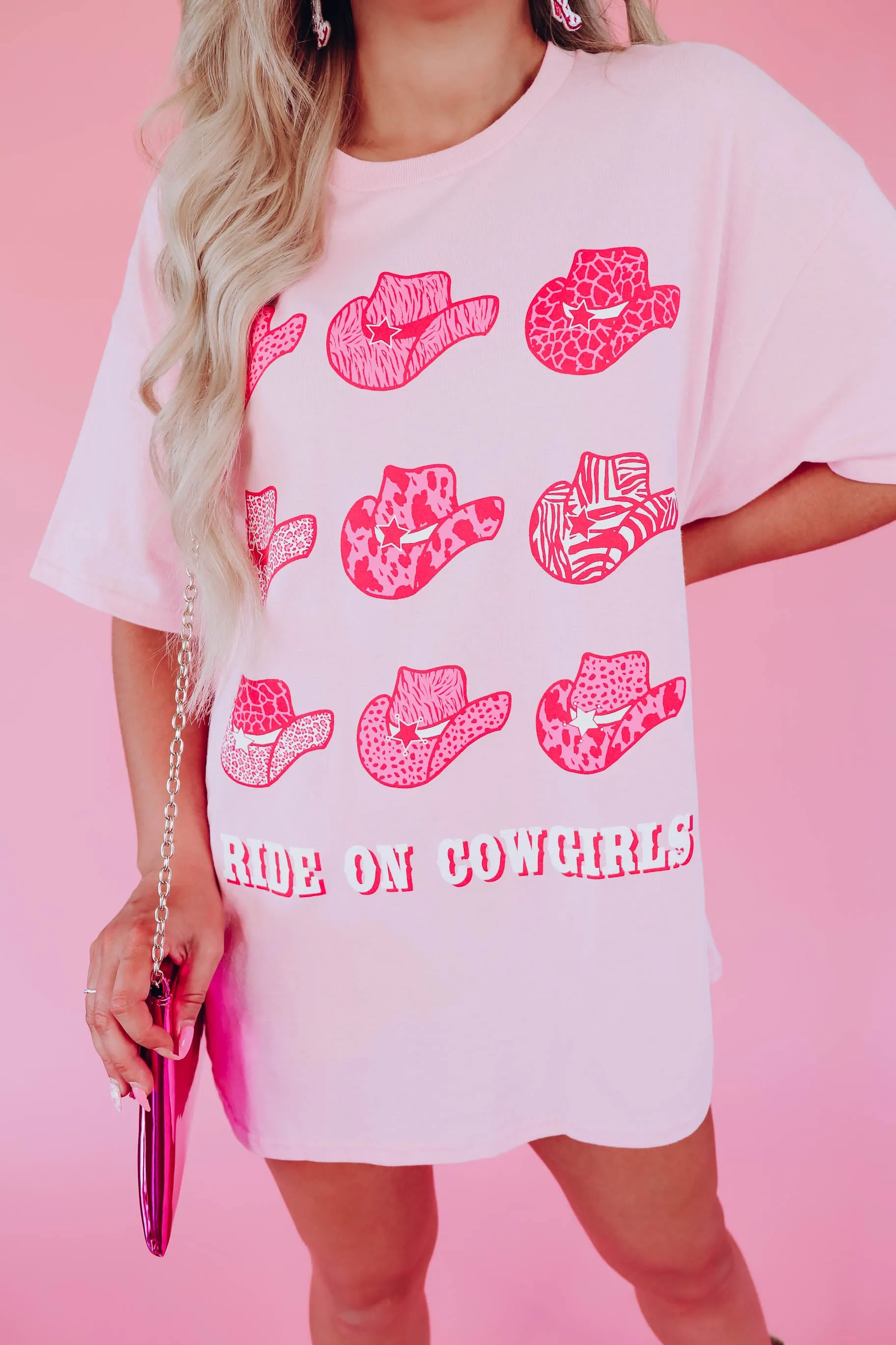 Ride On Stacked Cowgirl Hat Graphic Tee - Pink