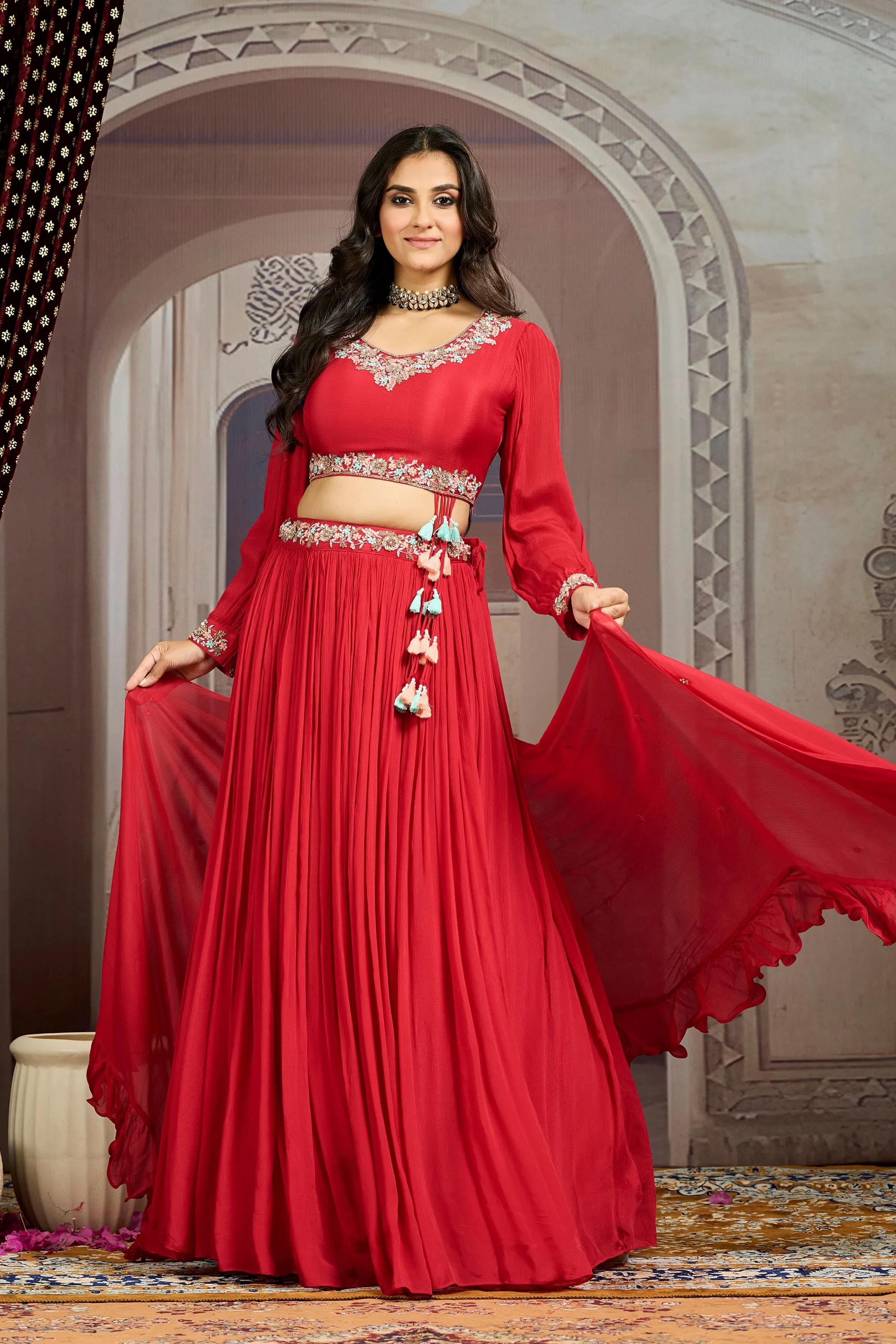 Royal Red Embellished Chinon Silk Skirt Set