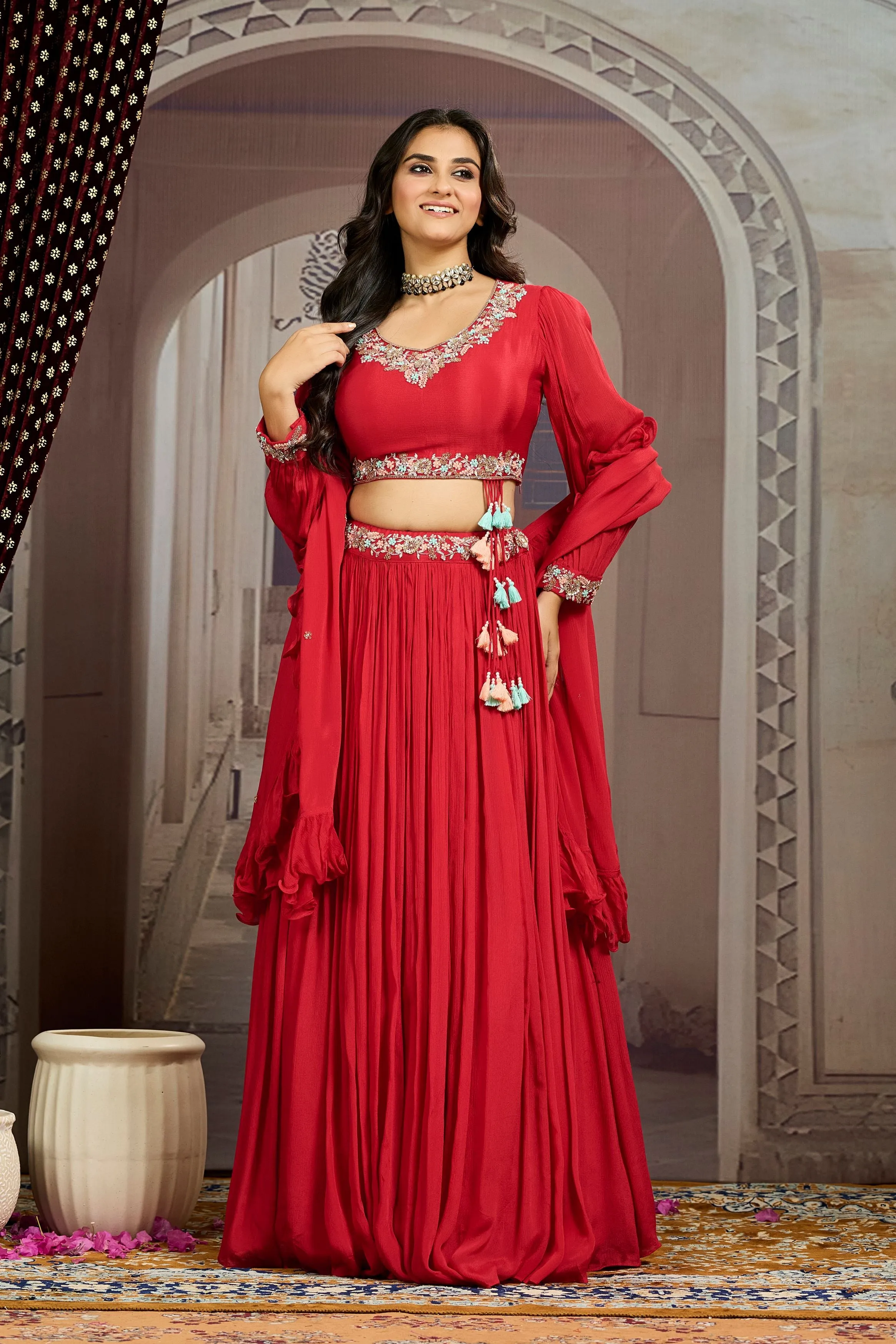 Royal Red Embellished Chinon Silk Skirt Set