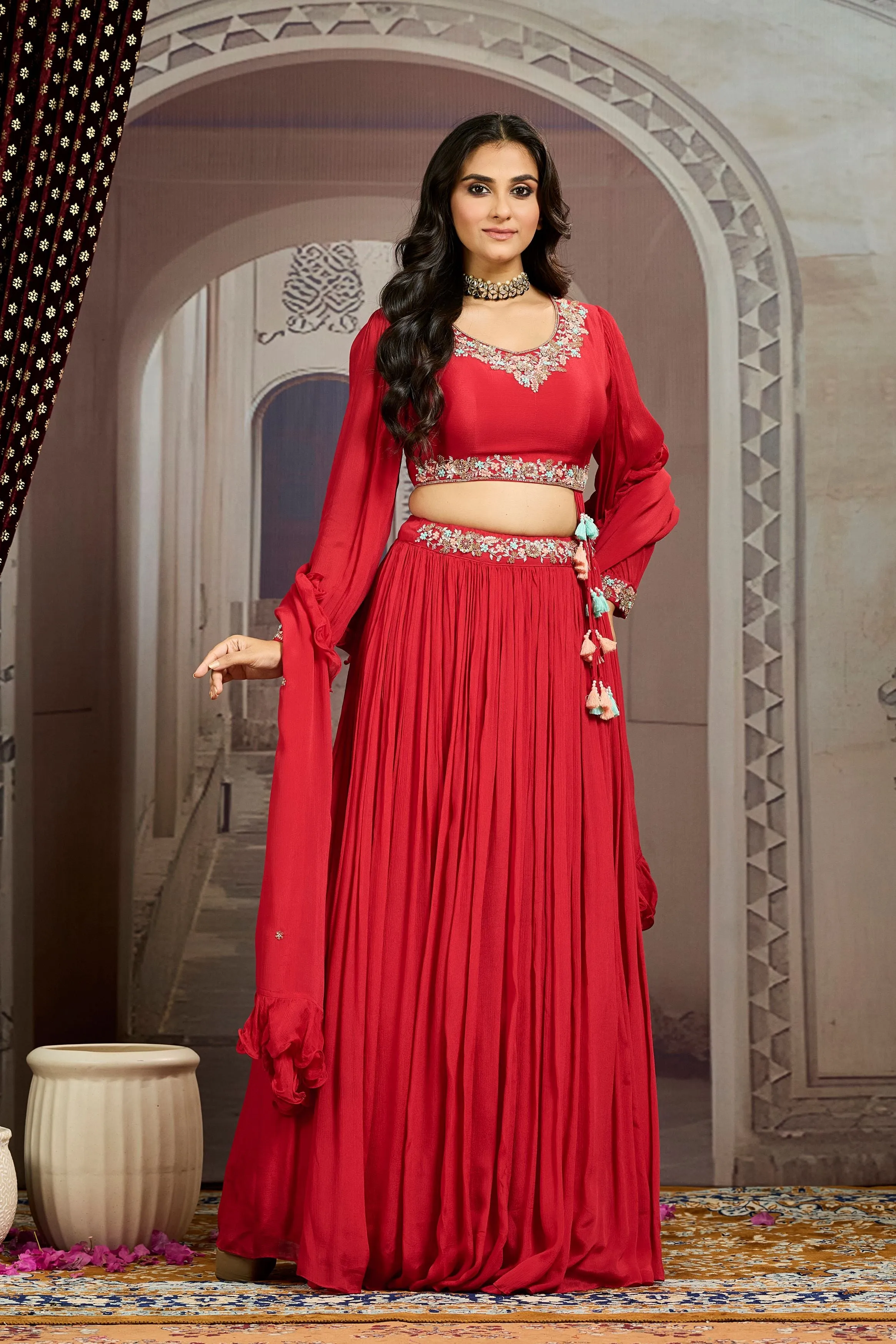 Royal Red Embellished Chinon Silk Skirt Set