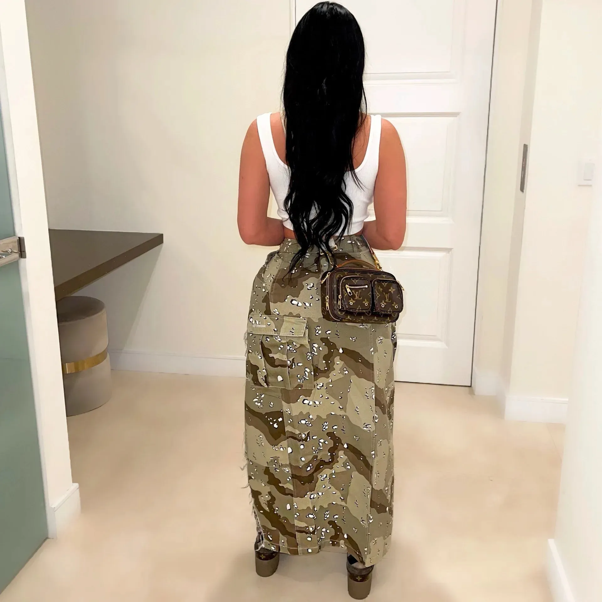 RQR High Waist Camouflage Split Skirt w/ Pockets