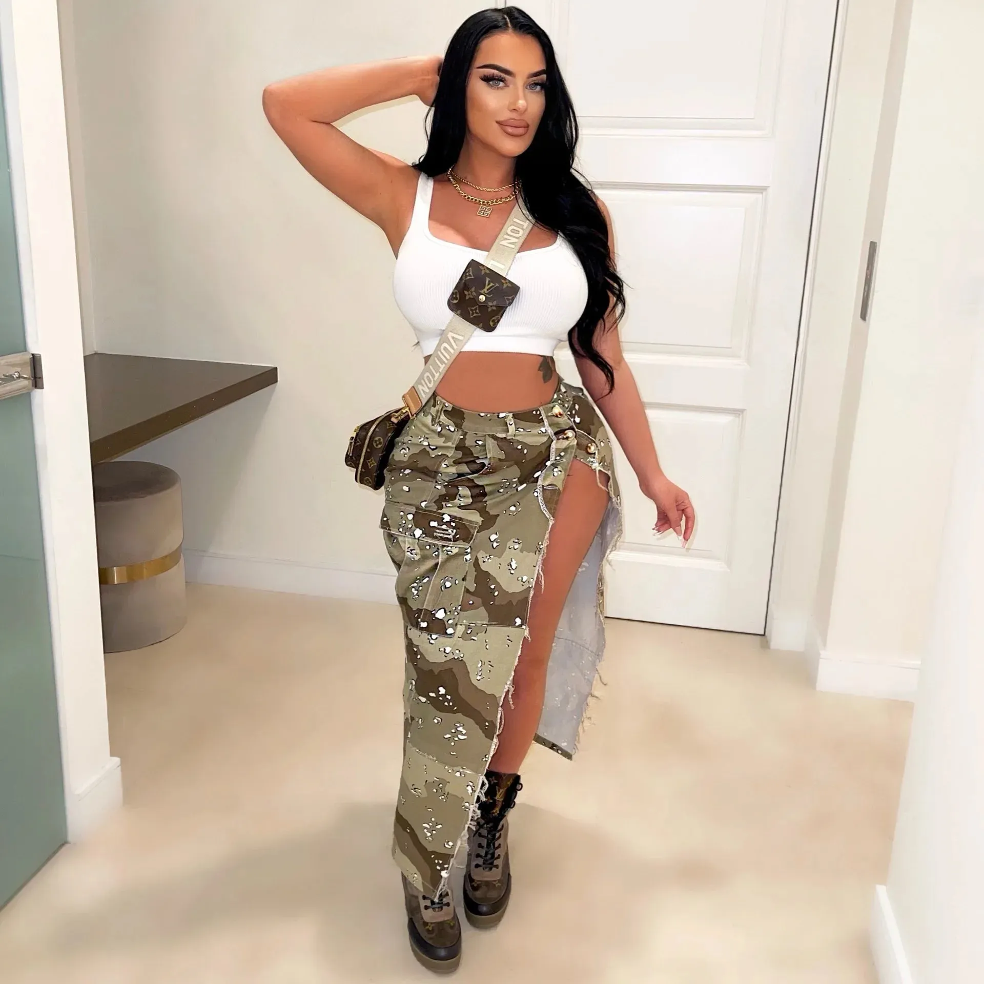 RQR High Waist Camouflage Split Skirt w/ Pockets