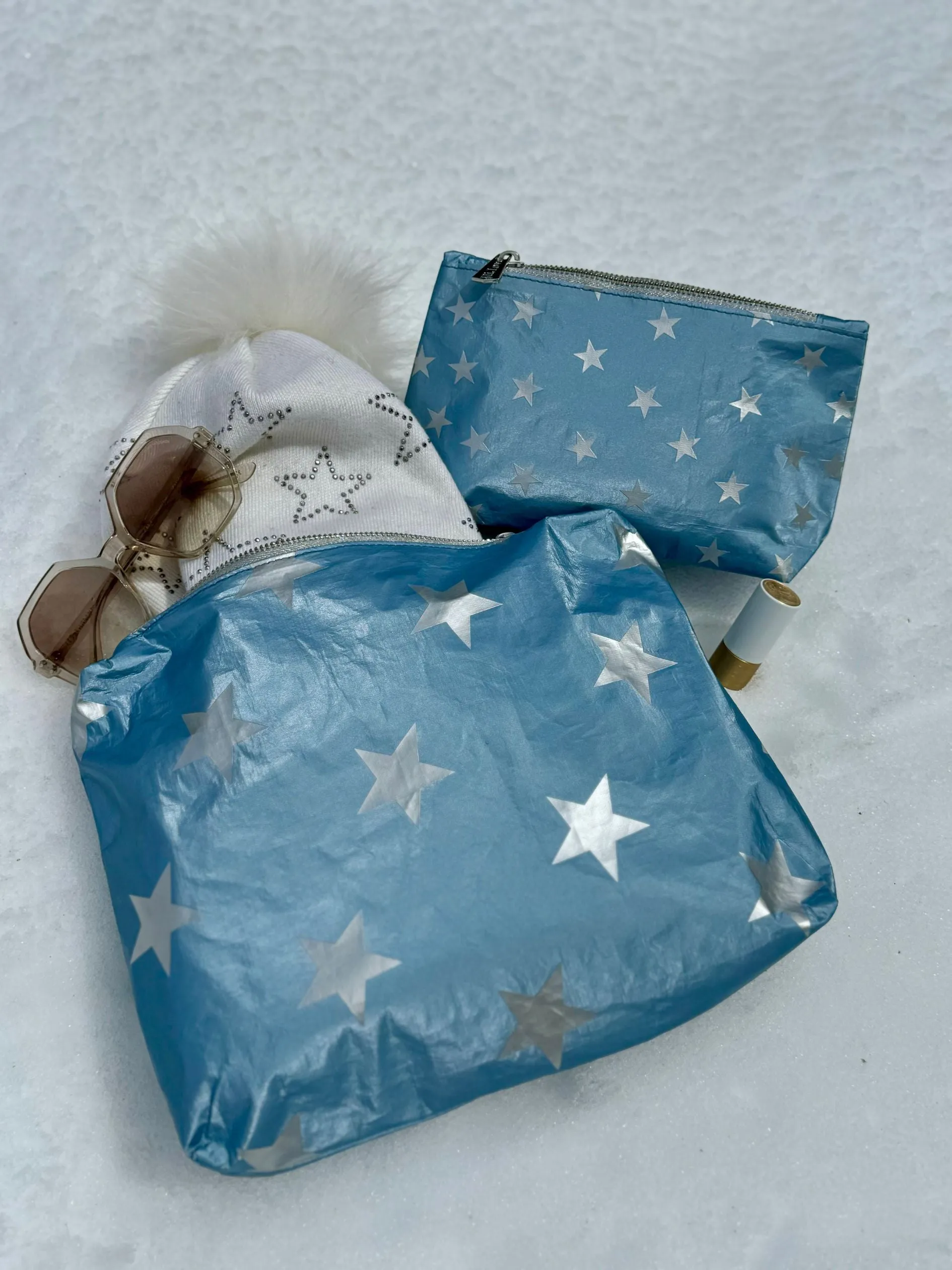 Set of Two - Organizational Pouches - Shimmer Ice Blue with Multi Silver Stars