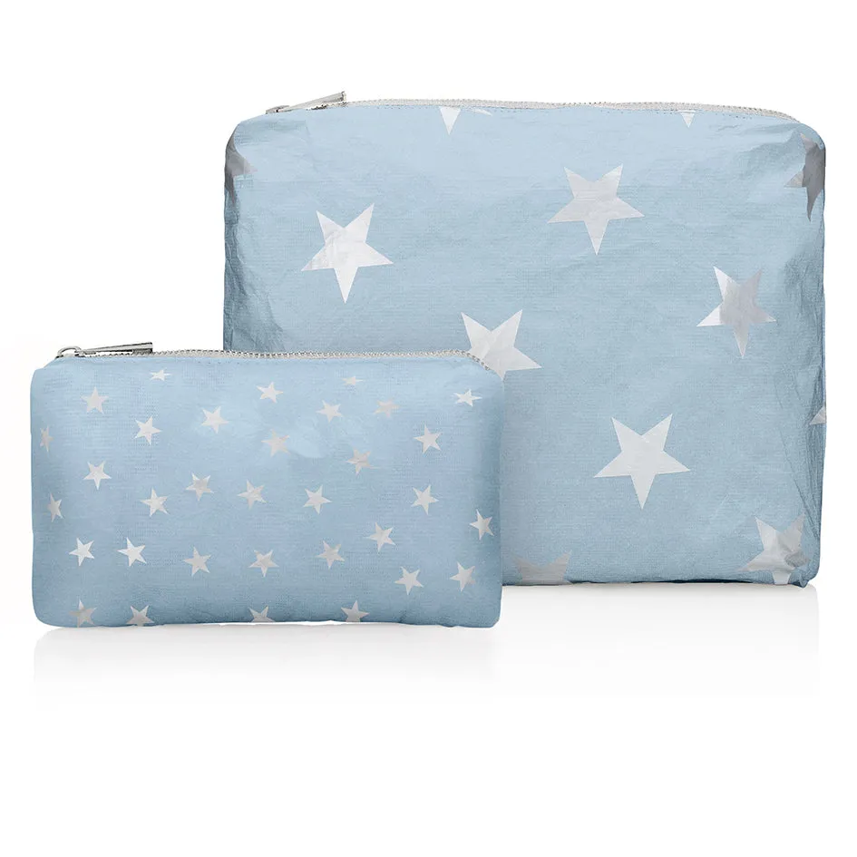 Set of Two - Organizational Pouches - Shimmer Ice Blue with Multi Silver Stars