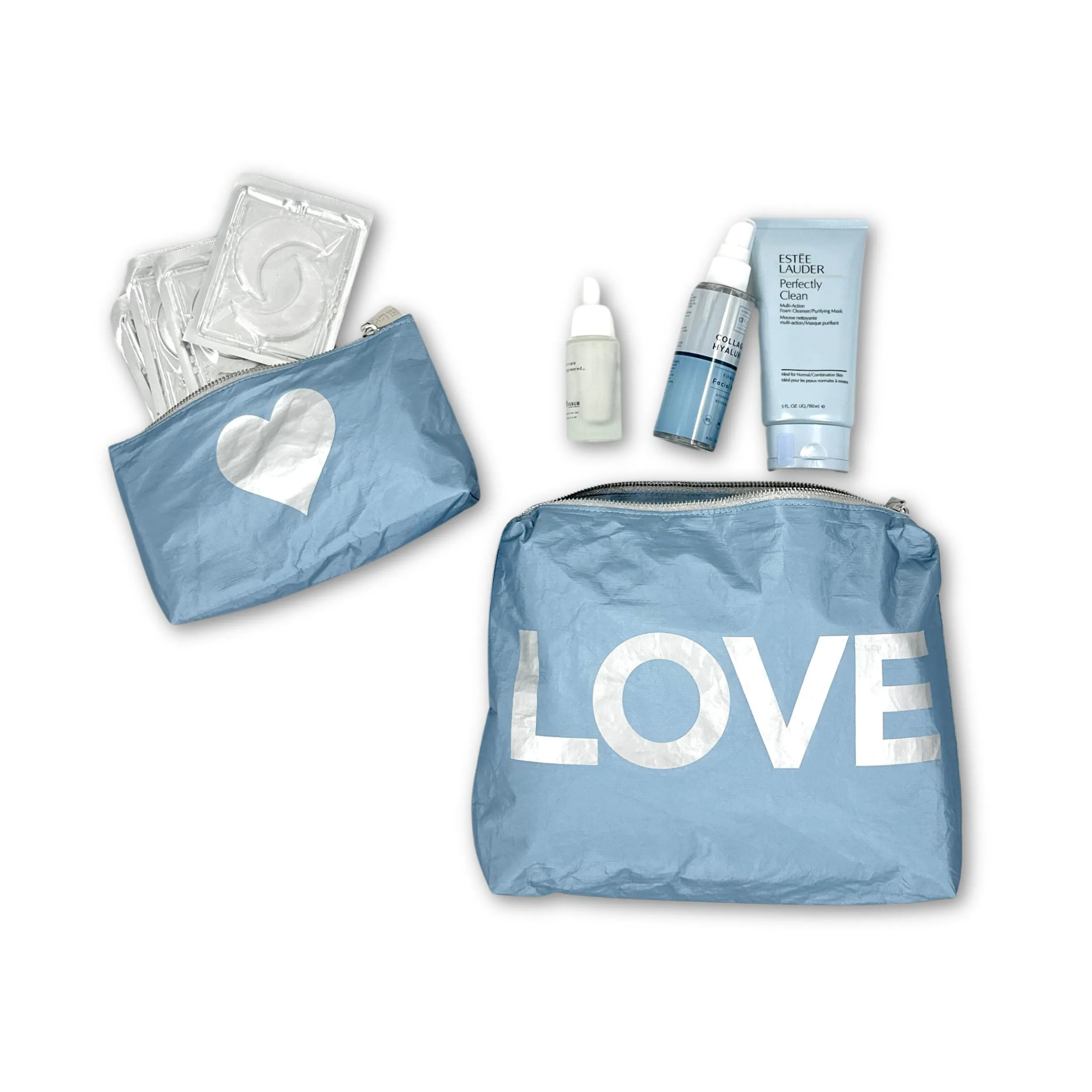 Set of Two - Organizational Pouches - Shimmer Ice Blue with Silver LOVE and Heart