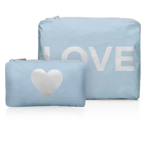 Set of Two - Organizational Pouches - Shimmer Ice Blue with Silver LOVE and Heart