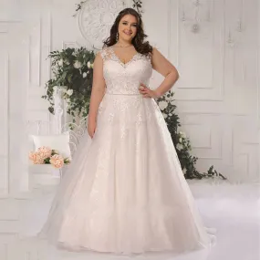 Shinny Organza A-Line V-Neck Plus Size Wedding Dress Lace Sleeveless Bridal Gown