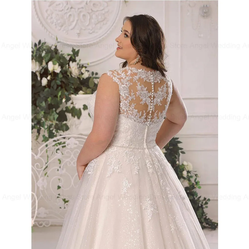 Shinny Organza A-Line V-Neck Plus Size Wedding Dress Lace Sleeveless Bridal Gown