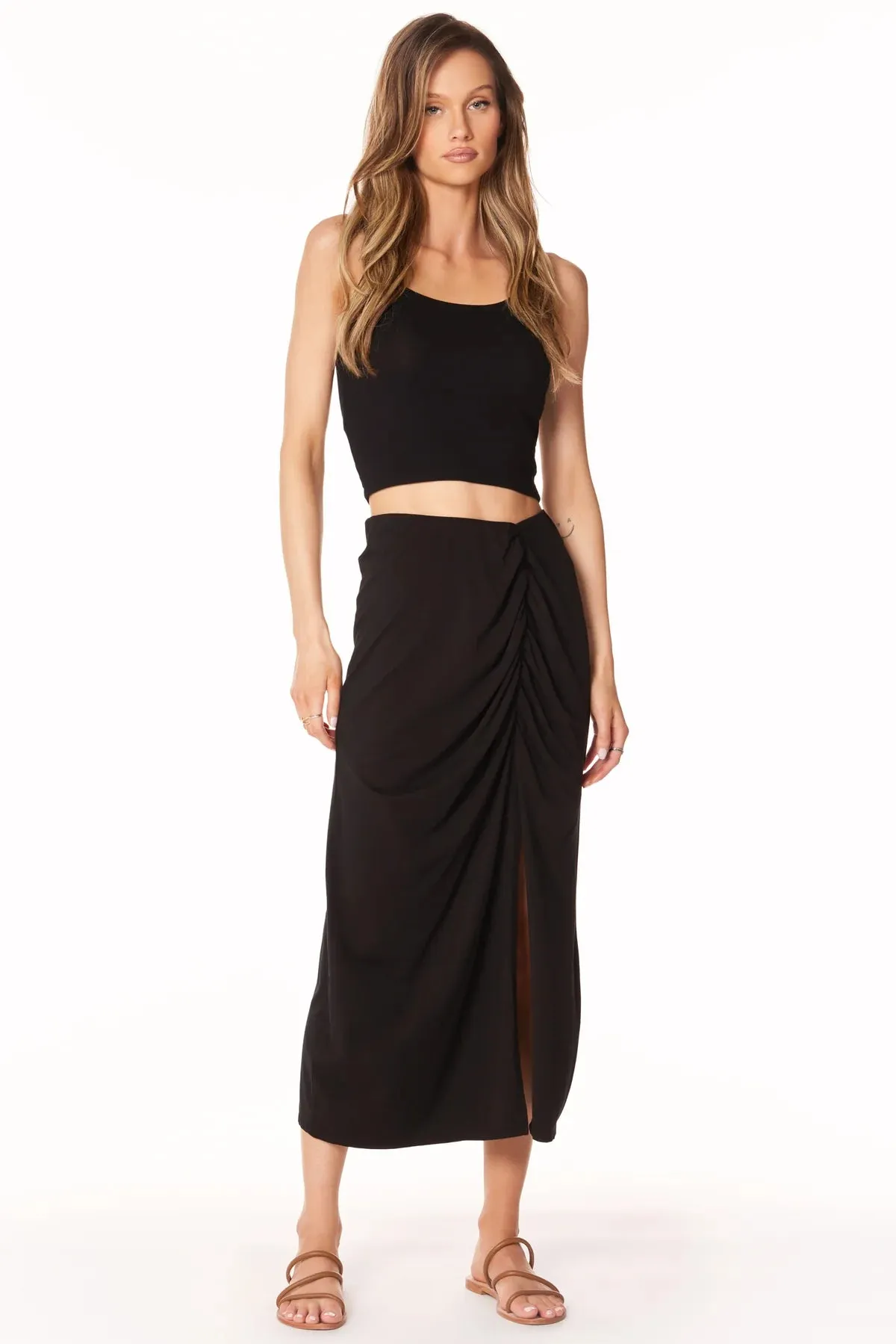 Shirred Skirt w/ Slit - Black