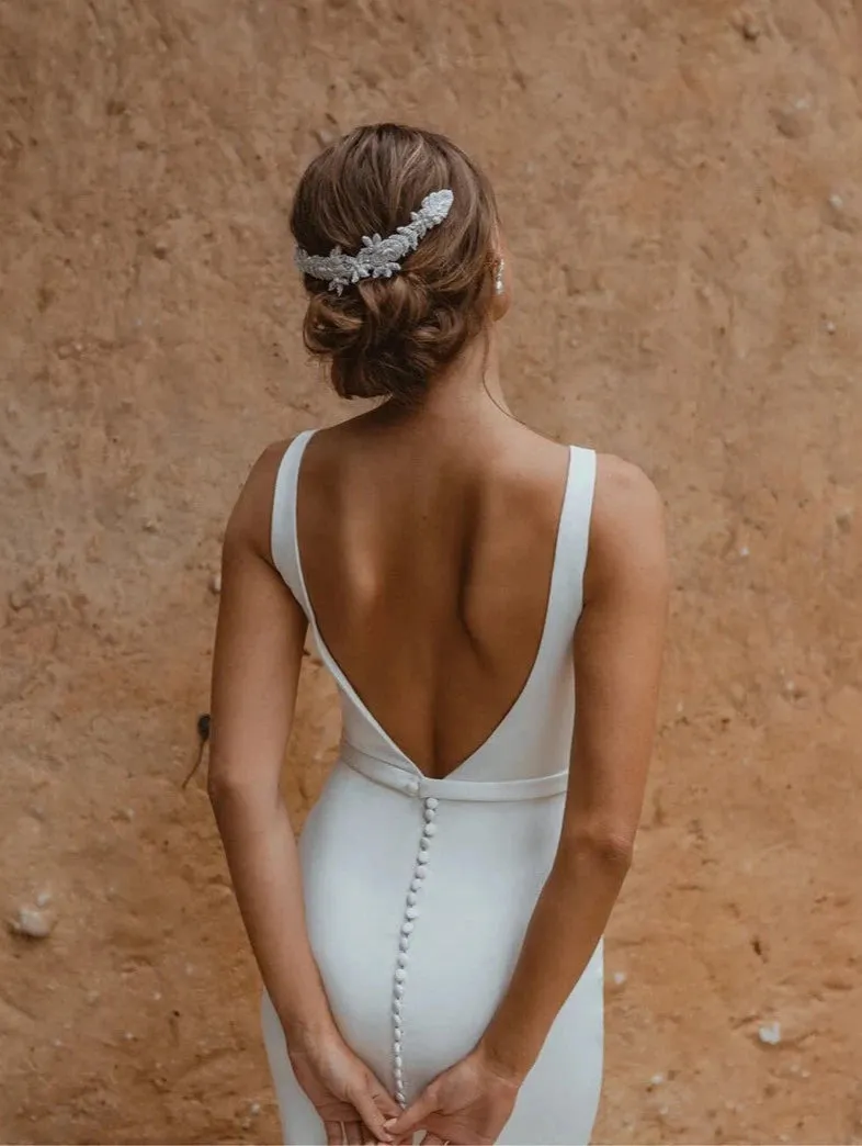 Simple Crepe Chiffon Wedding Dress Mermaid Backless Boho Bridal Gown