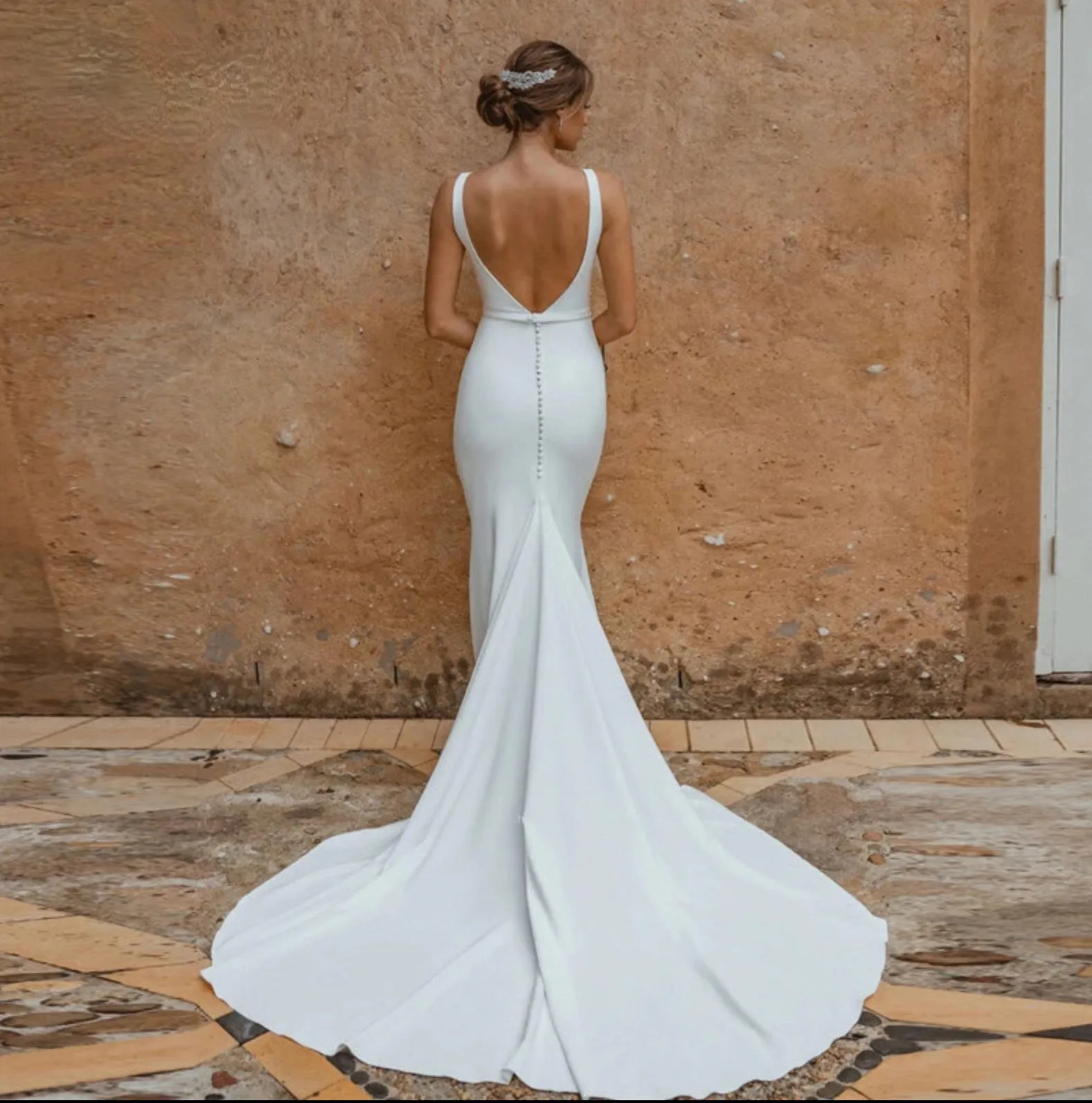 Simple Crepe Chiffon Wedding Dress Mermaid Backless Boho Bridal Gown