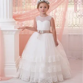 Sleeveless Ball Gown Lace Appliques Tulle Flower Girl Dress with Sash