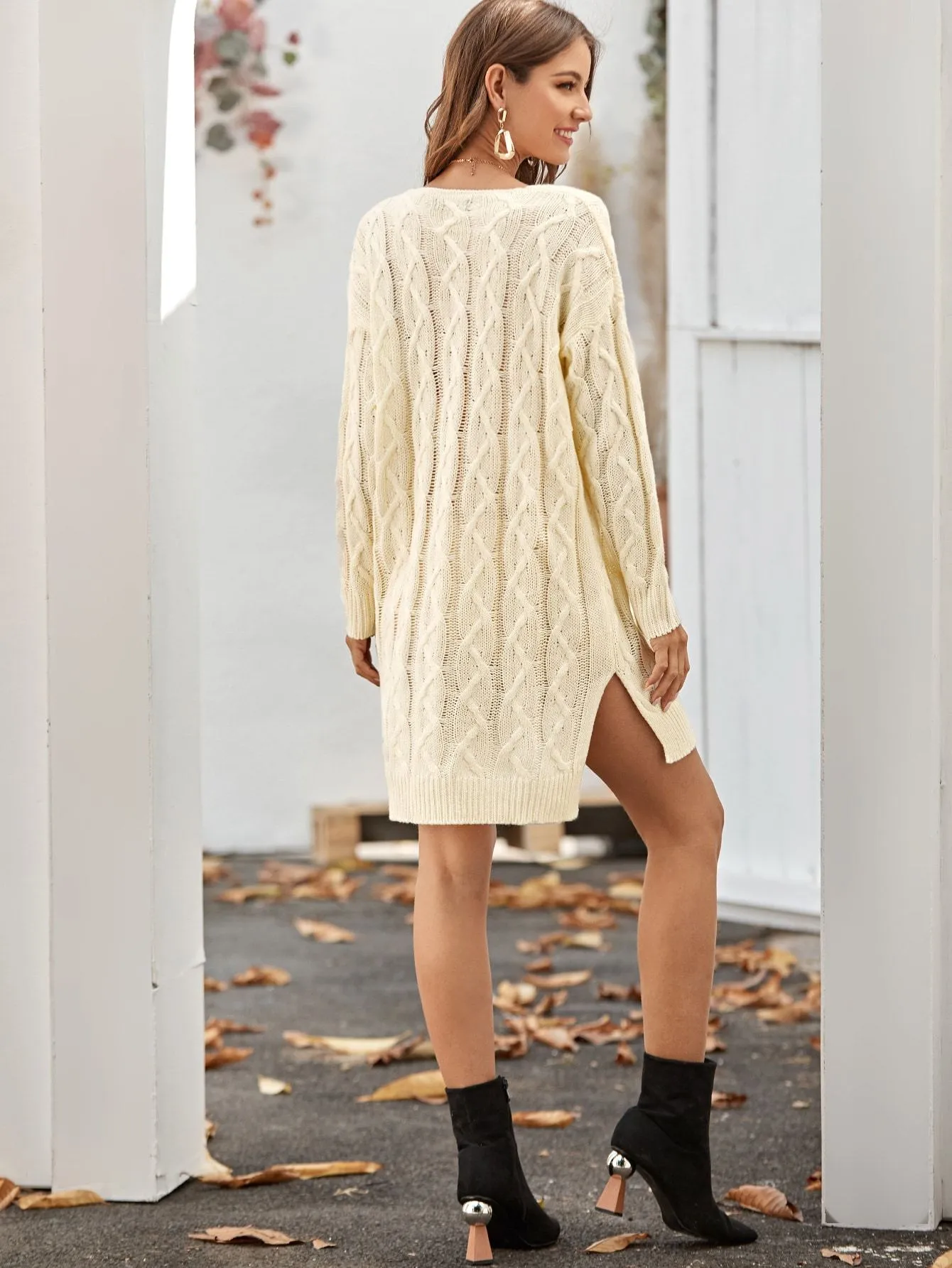 Slit Hem Cable Knit Jumper Dress Without Belt