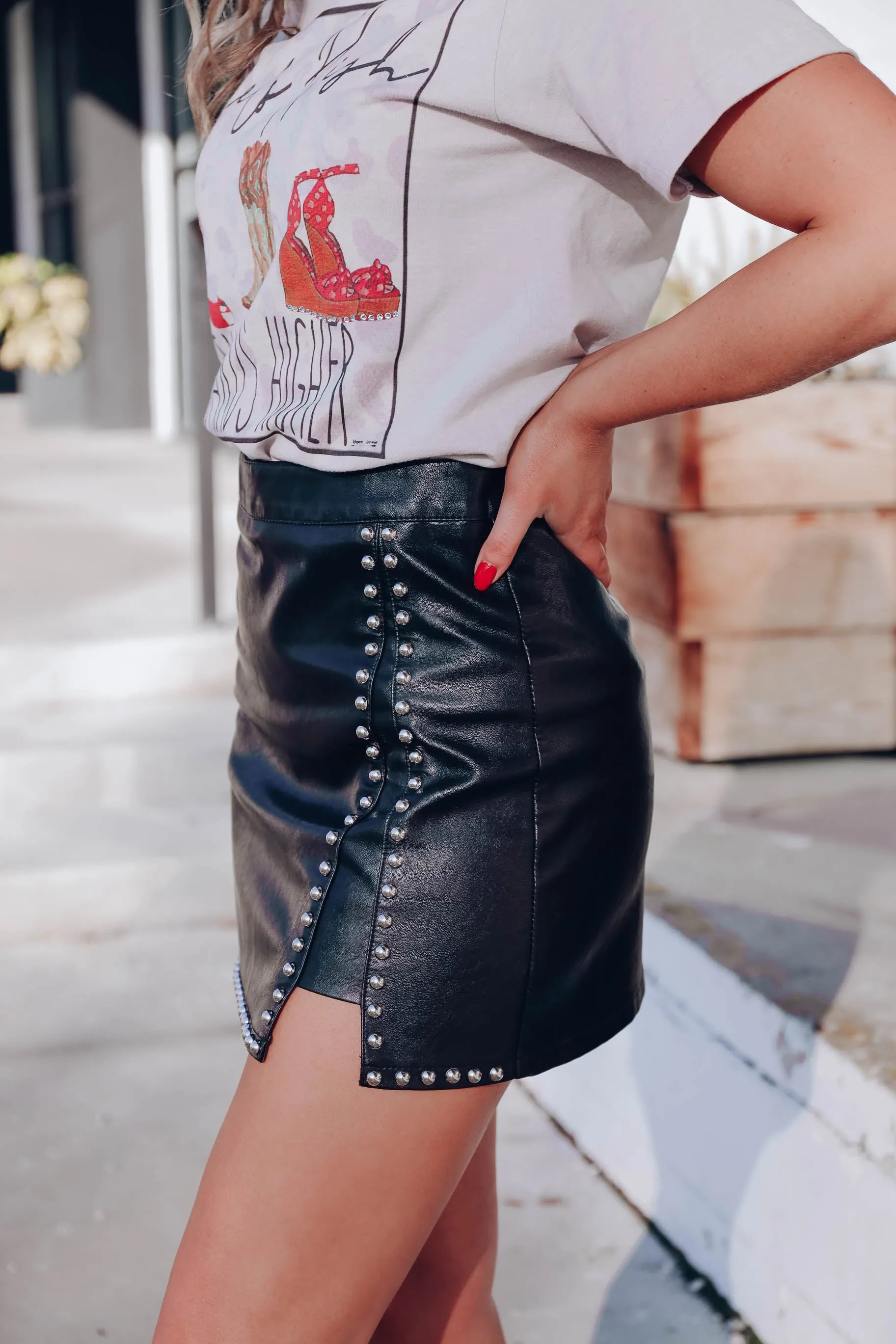 Street Trend Faux Leather Studded Skirt