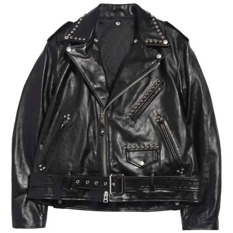 Studded Leather Moto Jacket for Men with Belt