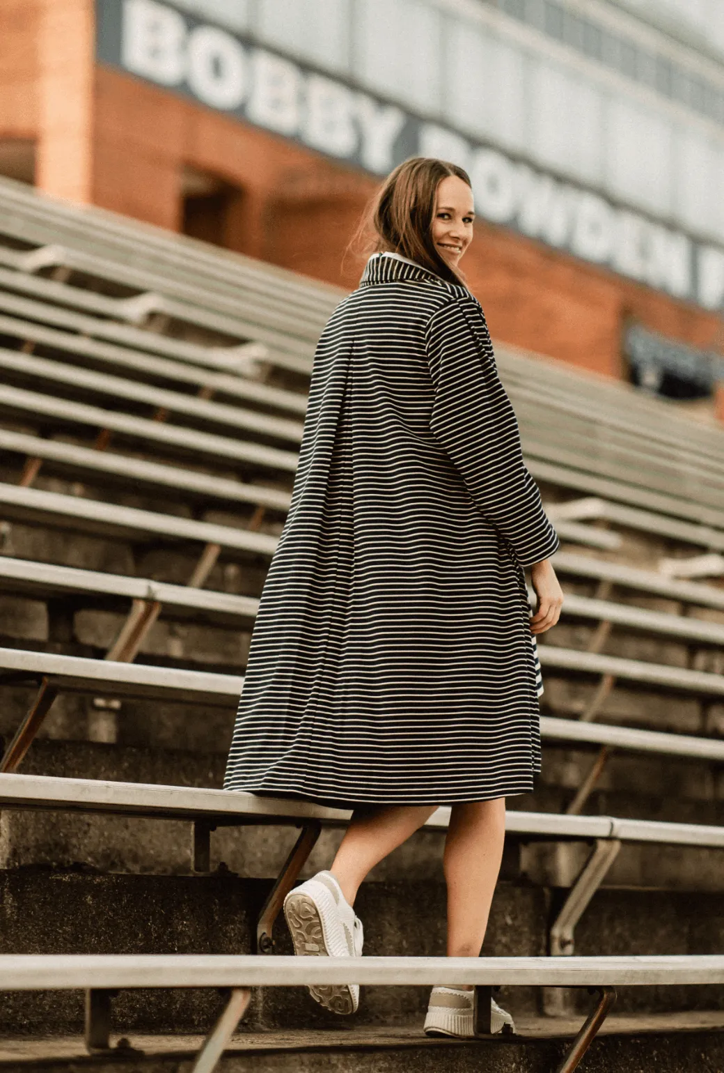 Swing Coat Knee Length - Navy Knit Stripe