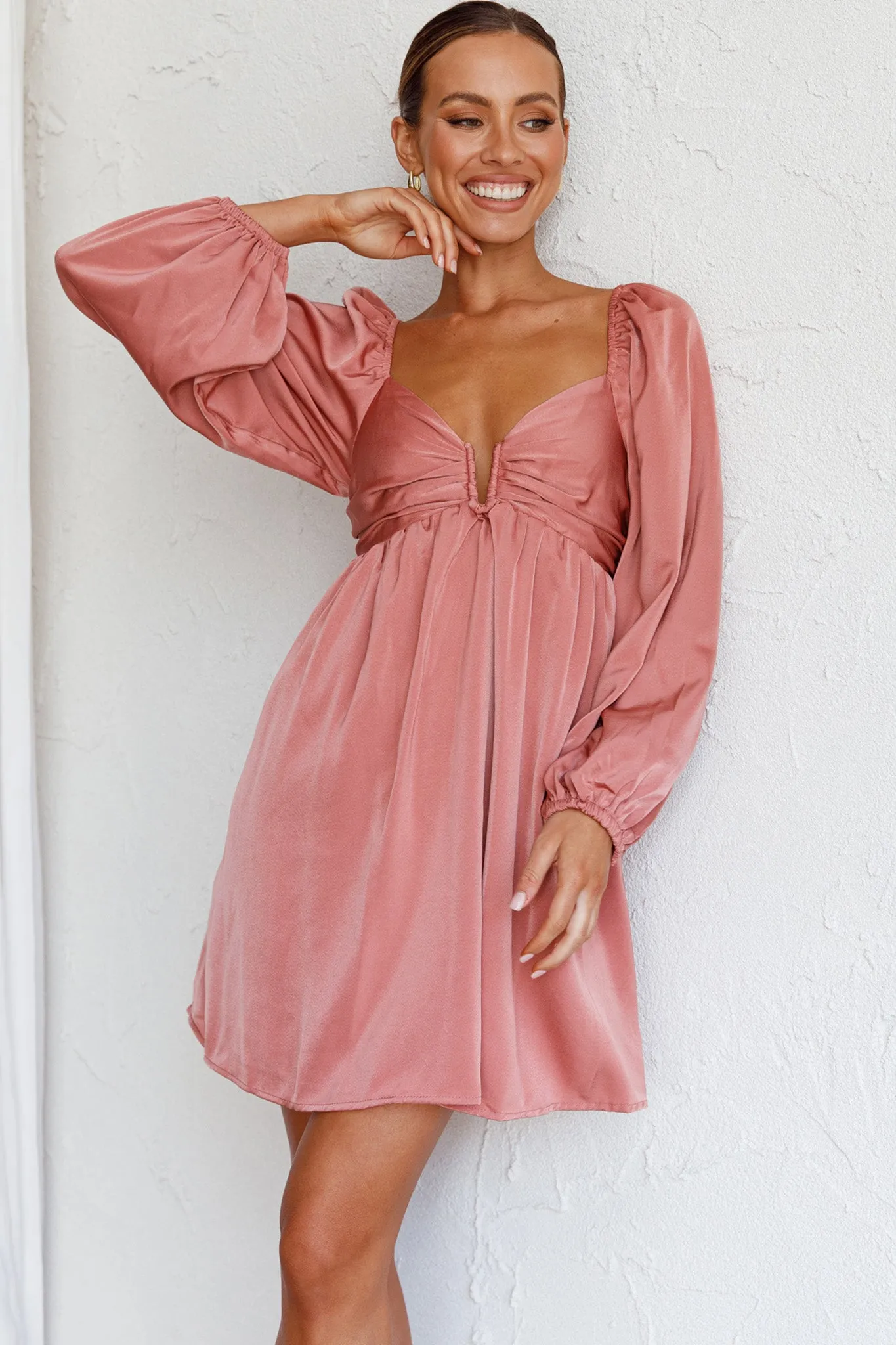 Tansy Long Sleeve Babydoll Dress Rose