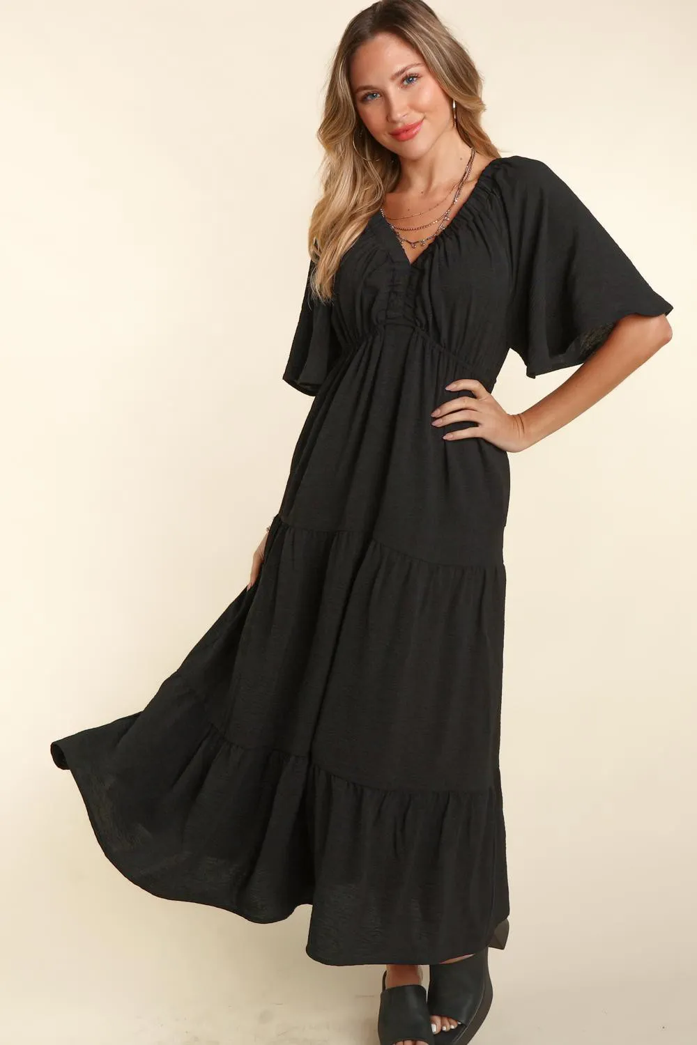 The Brunch Dress - Tiered Babydoll Maxi Dress - Black