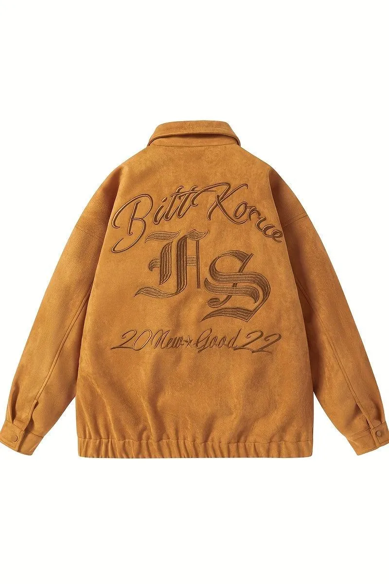 Trendy Letter Embroidery Jacket - Casual Lapel Zip-Up Long Sleeve K-pop Style