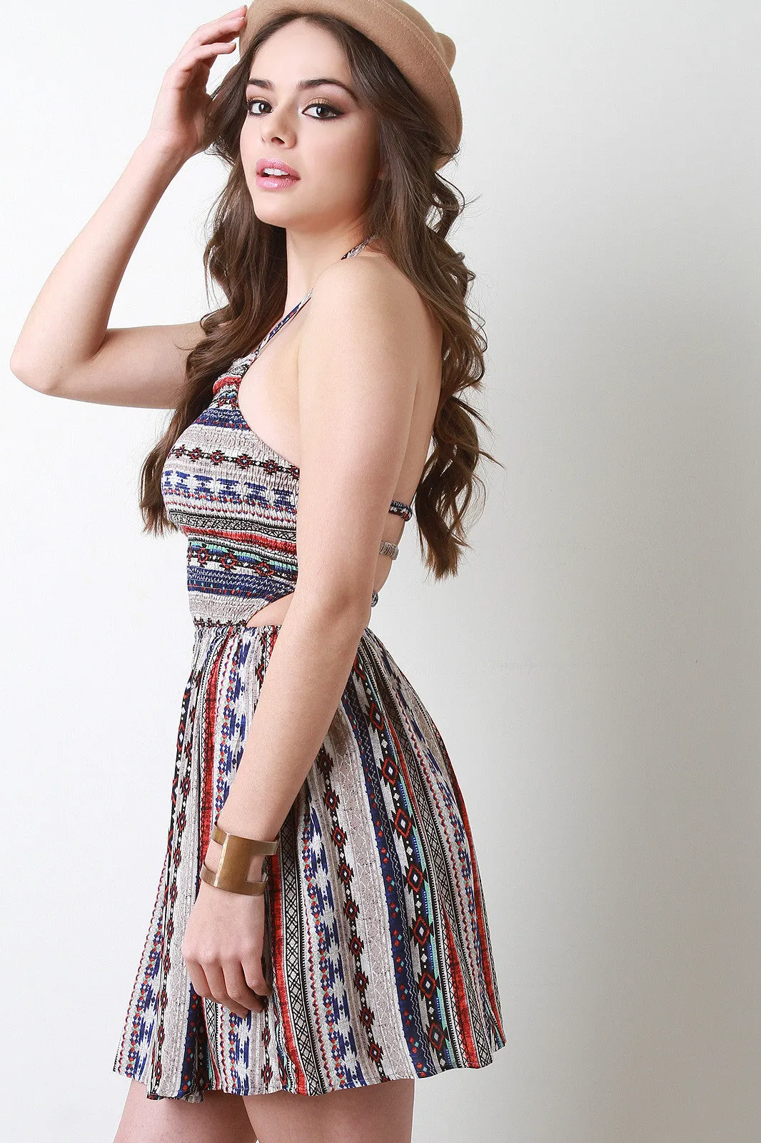 Tribal Print Strappy Back Smocked Babydoll Dress