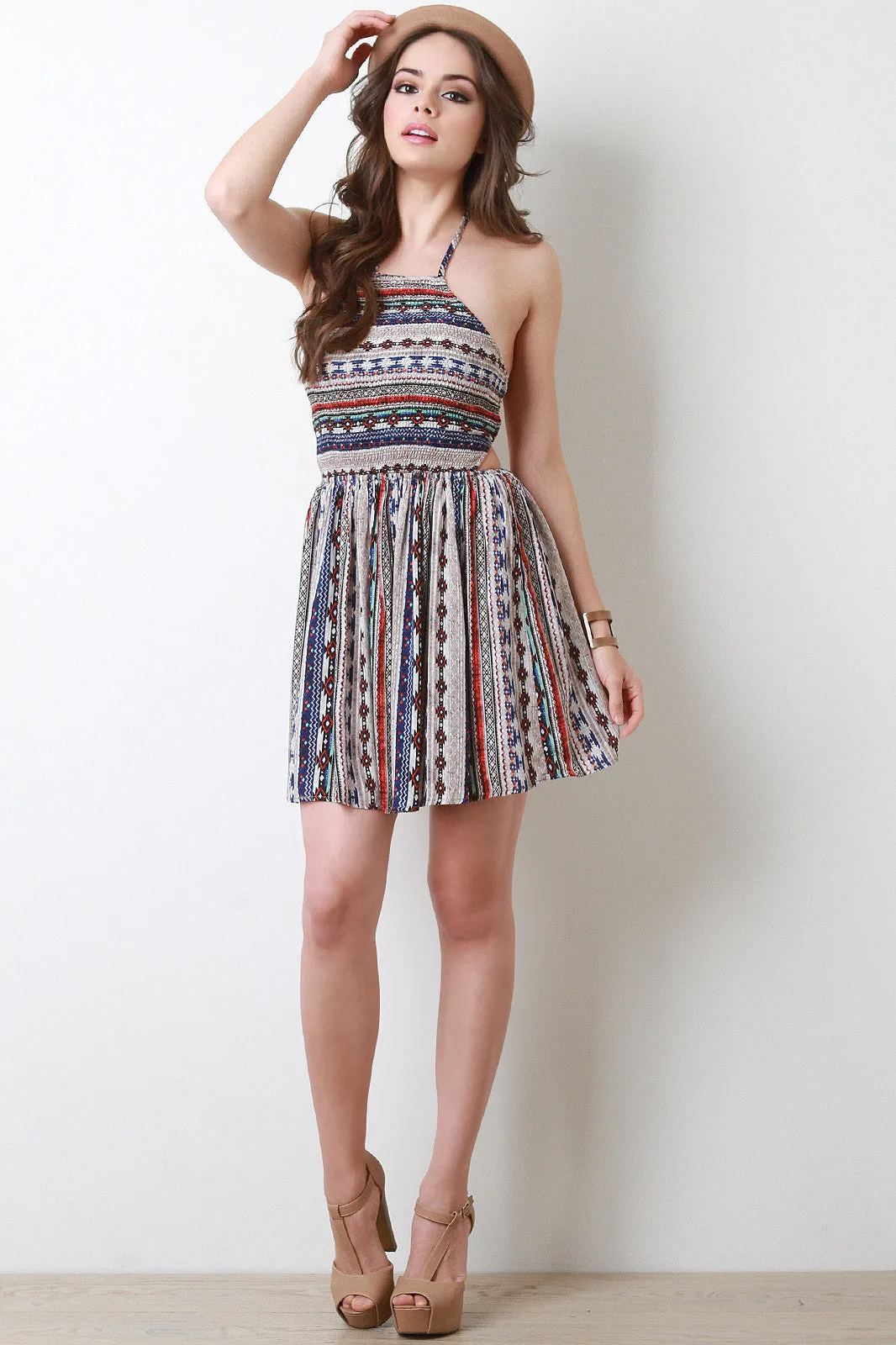 Tribal Print Strappy Back Smocked Babydoll Dress