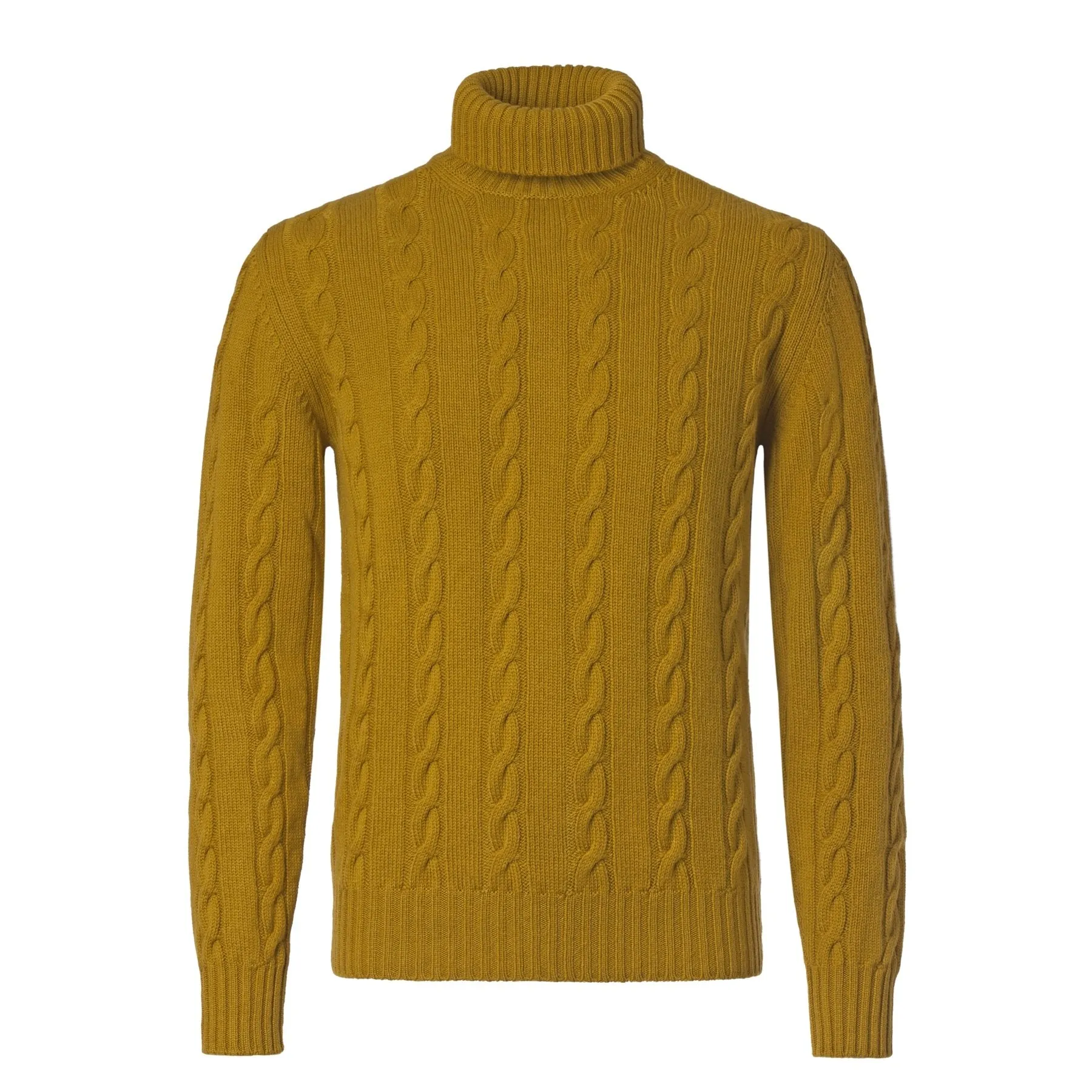 Turtleneck Cable-Knit Wool, Silk and Cashmere-Blend Sweater in Mustard Yellow