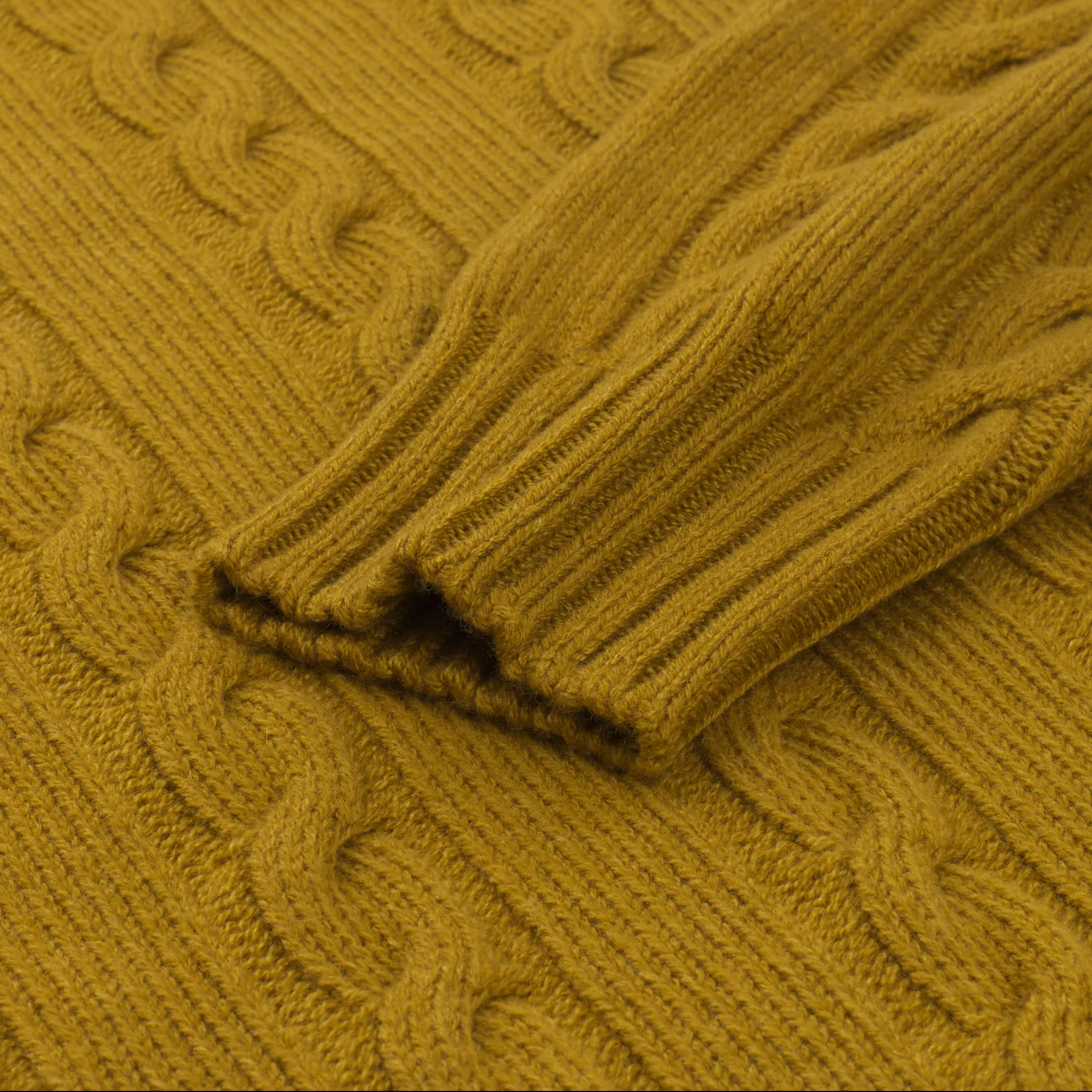 Turtleneck Cable-Knit Wool, Silk and Cashmere-Blend Sweater in Mustard Yellow