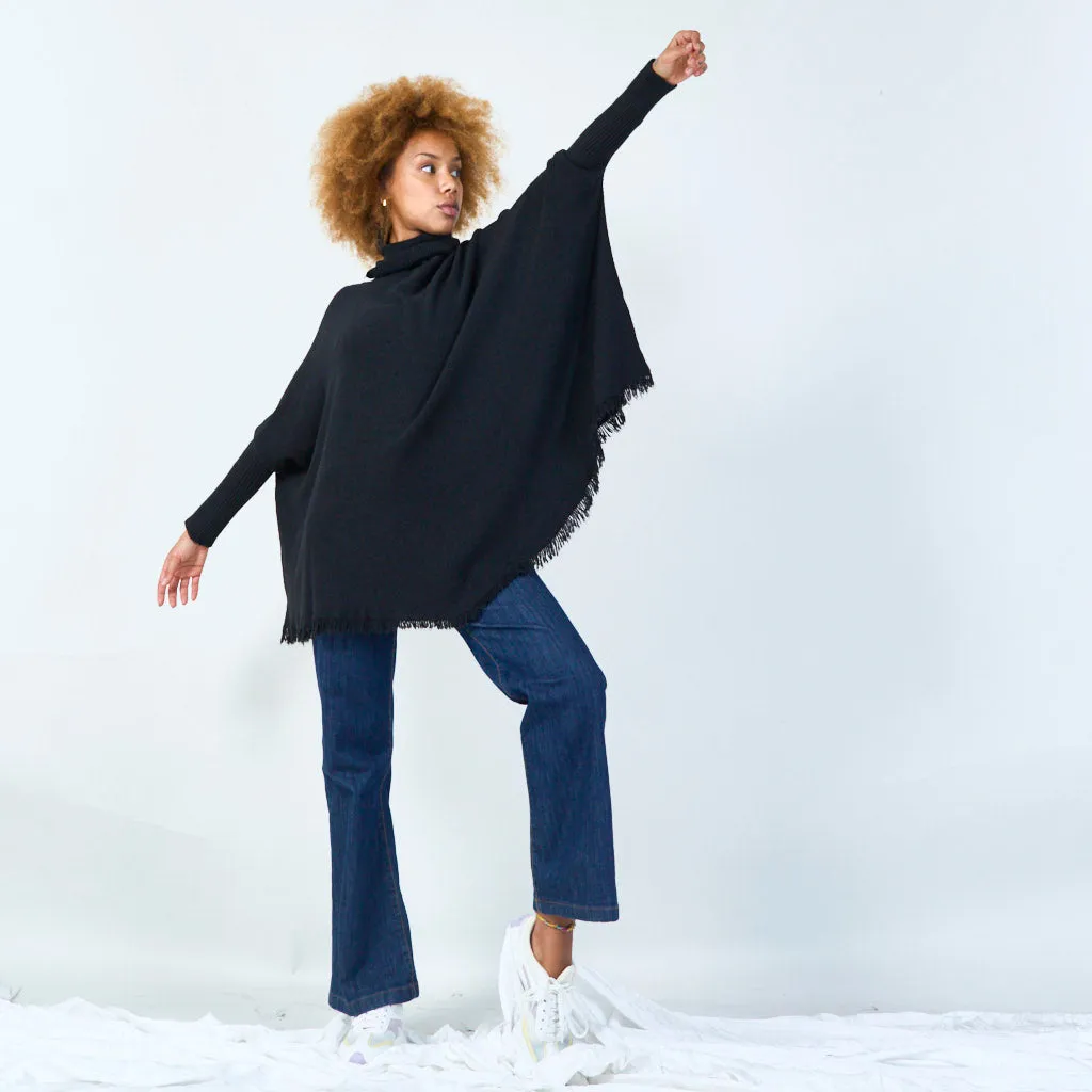 Turtleneck poncho with raw hem wholesale