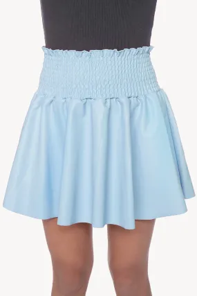 Vegan Leather Smocked Skater Skirt - Sky Blue