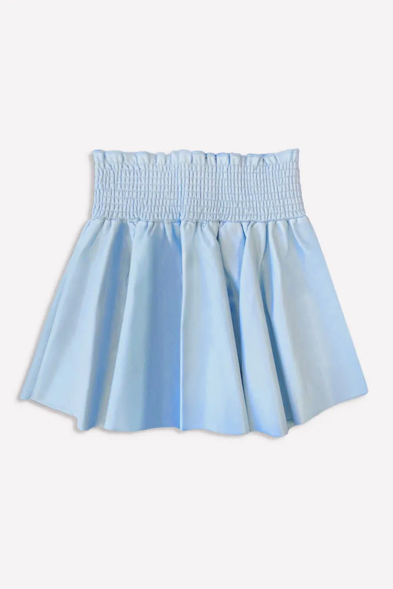 Vegan Leather Smocked Skater Skirt - Sky Blue