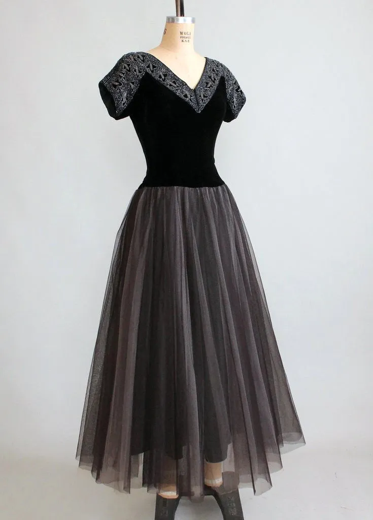 Vintage 1940s Beaded Velvet and Tulle Evening Dress