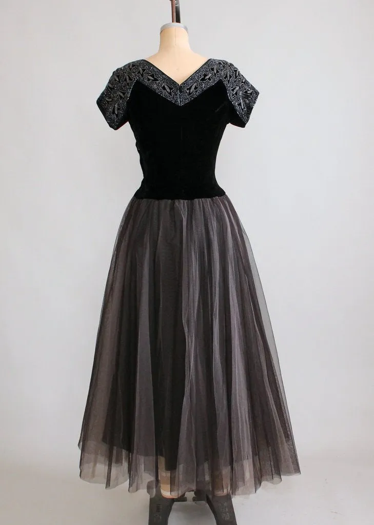 Vintage 1940s Beaded Velvet and Tulle Evening Dress