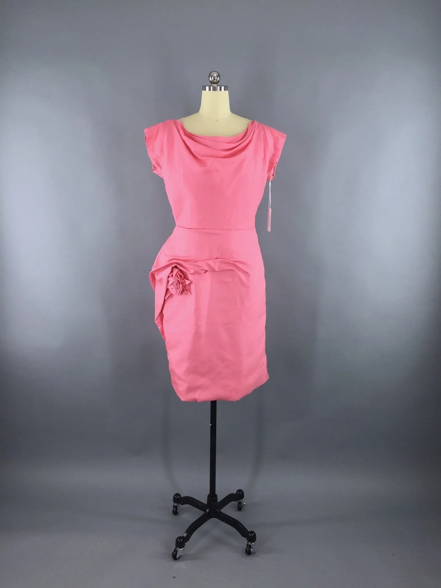 Vintage 1950s Dress / Bright Pink Silk Dress